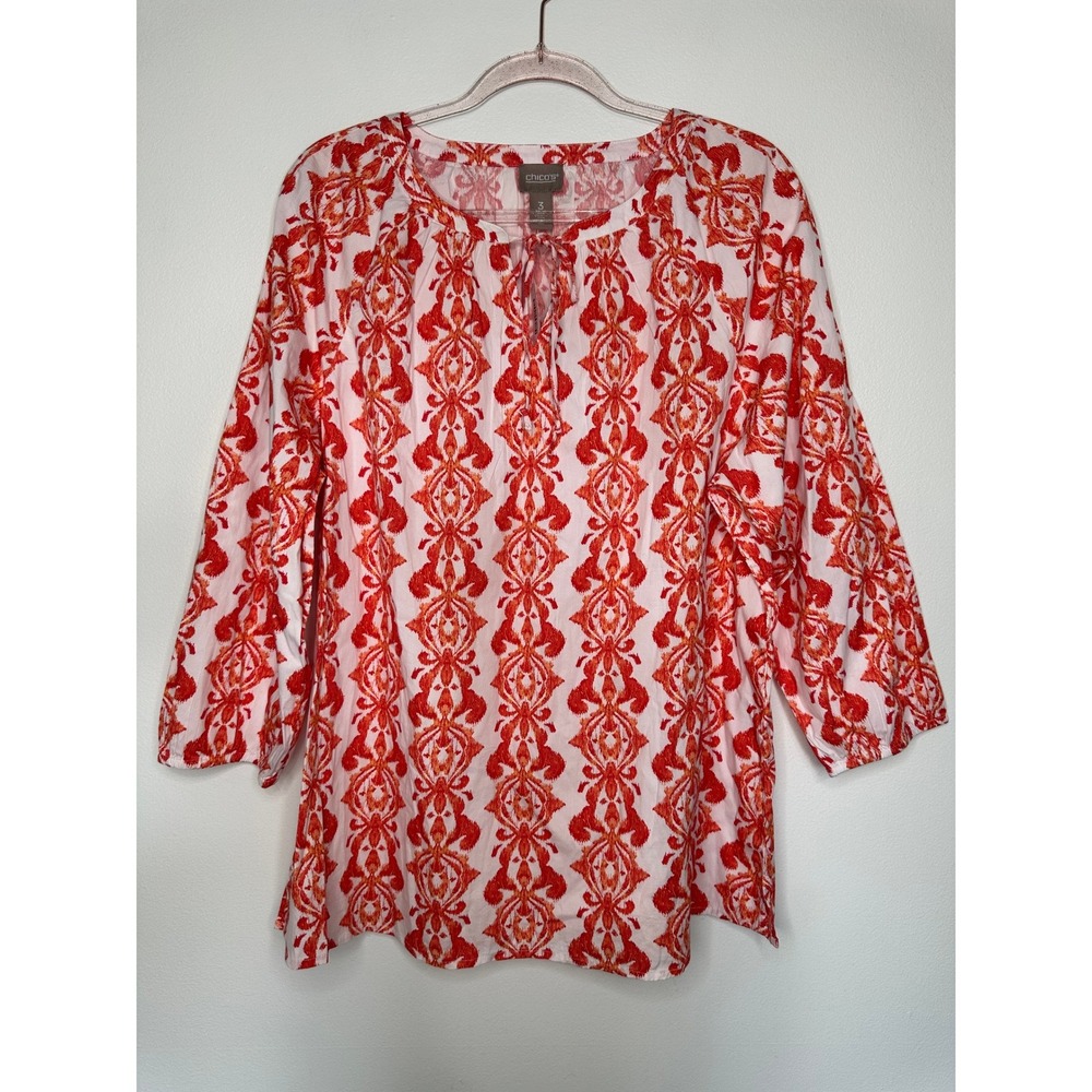 Chicos Medallion Ikat Popover Blouse‎ 3 Size XL White Red Orange 3/4 Sleeve Boho